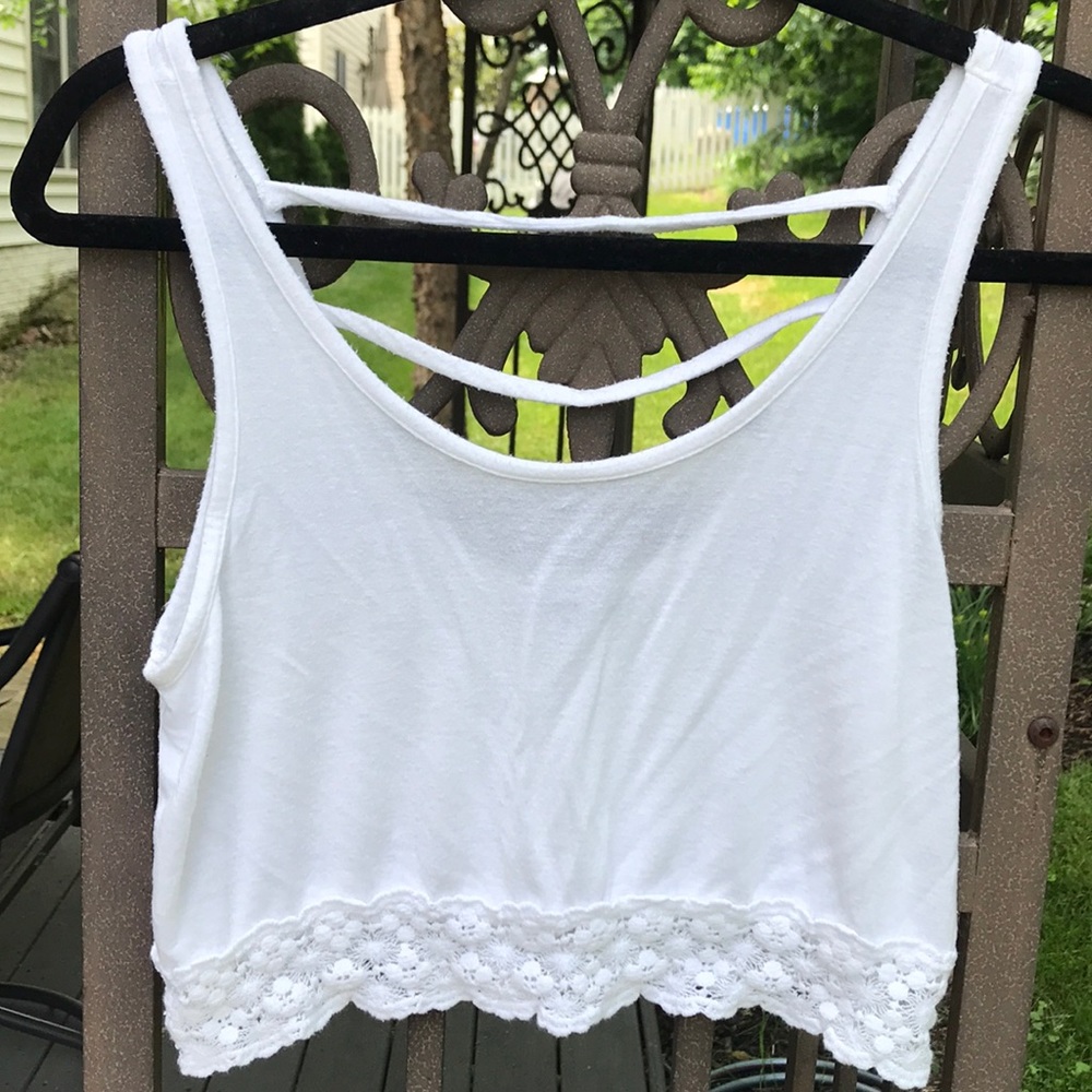 white tank crop top with lace detailing
